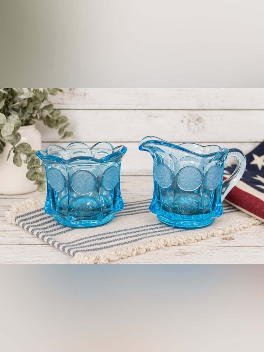 Vtg Glass Cream Sugar Bowl Set Blue 250th Anniversary Americana Patriotic Decor